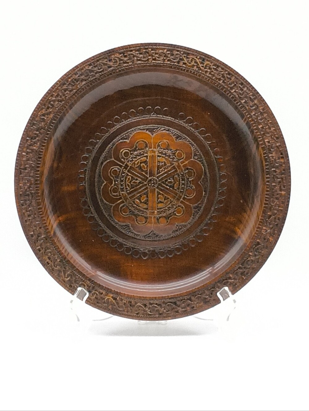 Vintage Carved Wood Wall Plate, Metal Inlay - C. Steryński of Zakopane, Poland